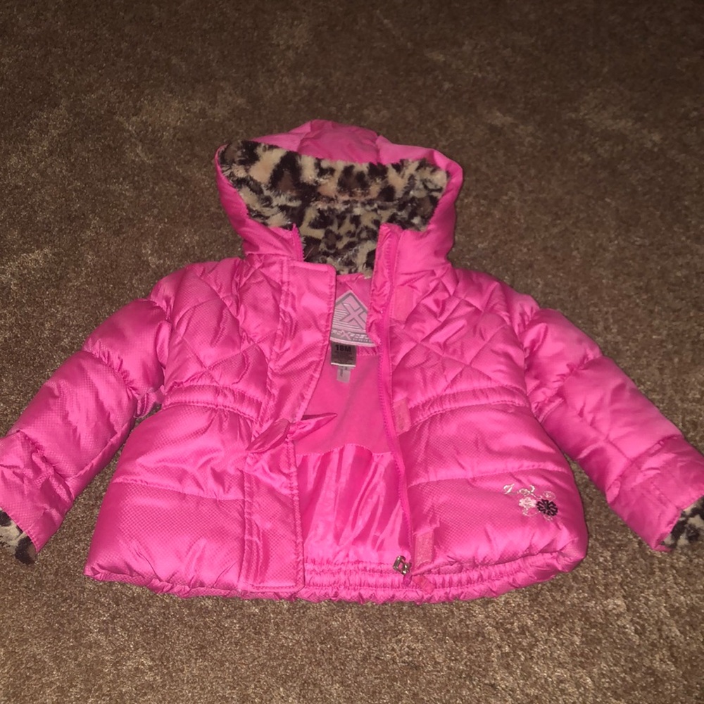 Baby Girls Pink Puffer Coat with Faux Fur - 18 Mos